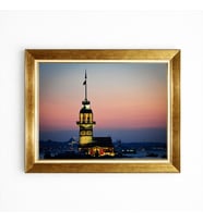 Tablore Modern Altın Çerçeveli İstanbul Kız Kulesi Gün Batımı Manzara Tablosu