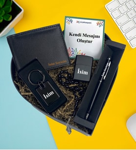 Kişiye Özel Premium Kalp Kutu Erkek Cüzdan Zippo Cakmak Metal Lüx Anahtarlık TesbihTouch pen Kalem Erkek Hediye Set
