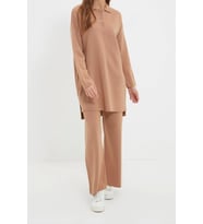 Moda Triko Yüksek Bel Düz Polo Yaka Düşük Kol Casual Günlük Polo Yaka Tunik-Pantolon Triko Takım