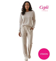 Guava Kadın Viskon Mevsimlik Uzun Kol Cepli Pijama Takımı-Üstü İnce Triko Alt Pijama Dar Kesim Jakar Kumaş (Bej)