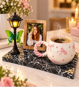 Kişiye Özel Fotoğraflı Pembe Fiyonklu Kupa ve Işıklı Sokak Lambası Hediye Seti
