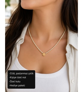 Velmora Yonca Detaylı 316L Paslanmaz Çelik Zirkon Taşlı Gold Choker Kolye Hediye