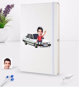 BK Gift Kişiye Özel Plakalı Erkek Tofaş Doğan SLX Karikatürlü Beyaz Termo Deri Defter 16x24cm Model 1