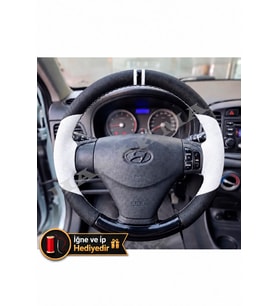 Hyundai Accent Era Dikme Direksiyon Kılıfı Delikli Deri Parlak Siyah Beyaz Detay Çift Yüzük ve Dikiş 2006-2012