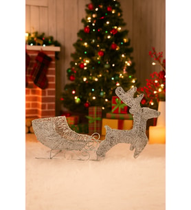 Yılbaşı Işıklı Tel Geyik Kızaklı 40x20 cm Kendinden Pilli Gümüş LED Dekor