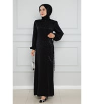 Sude Yanı Bağcıklı Saten Abiye-Siyah