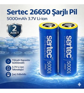 Sertec 26650 Şarjlı Pil 5000mAh 3.7V Li-ion Başlıksız Düz 2li