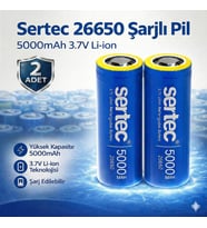 Sertec 26650 Şarjlı Pil 5000mAh 3.7V Li-ion Başlıksız Düz 2li