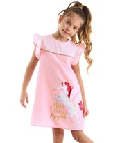 Kanatlı Unicorn Ekoseli Kız Çocuk Pembe Elbise
