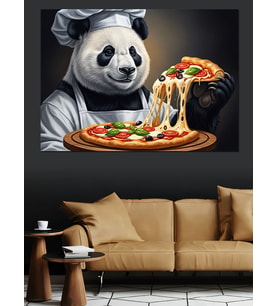 Pizza Hazırlayan Usta Panda Şef Dekoratif Kanvas - Mdf Ahşap Tablo