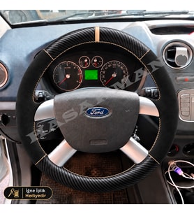 Ford Focus Dikme Direksiyon Kılıfı Alcantara Süet Mat Karbon Bej Yüzük ve Dikiş Trend-Style-Ghia-Titanium 2004-2011