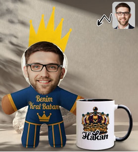 BK Gift Kişiye Özel Fotoğraflı Kral Babam Tasarımlı Bebek Yastık-2 & Siyah Kupa Bardak Hediye Seti-17, Babalar Günü Hediye, Babaya Hediye