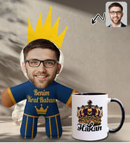 BK Gift Kişiye Özel Fotoğraflı Kral Babam Tasarımlı Bebek Yastık-2 & Siyah Kupa Bardak Hediye Seti-17, Babalar Günü Hediye, Babaya Hediye