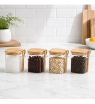 550 ML Kaşıklı Cam Kavanoz 4’lü Set, Bambu Kapaklı Şeffaf Cam Saklama Kabı, Çay Kahve Şeker Baharat Kuruyemiş Kavanozu, Mutfak Düzenleyici Kaşıklı Baharatlık Seti