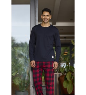 Kly 6028 Erkek Sıfır Yaka Ekoseli Uzun Kollu Pijama Takım (Lacivert)