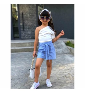 Kız Çocuk Tek Omuzlu Bluz ve Mavi Şort Takımı