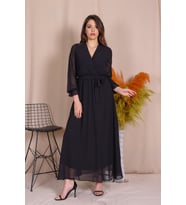 Neşeli Butik Kadın Kruvaze Yaka Bağlama Detaylı Yeni Sezon Uzun Şifon Elbise KTS003 (Siyah)