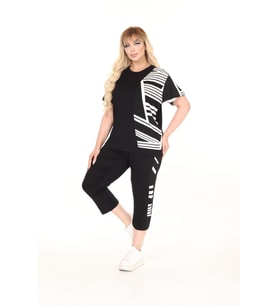 Kadın Siyah Kapri Tshirt Beyaz Desenli Şık Viskon Penye Alt Üst Takım