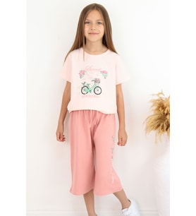 Breeze Kız Çocuk Kapri Takım Çiçek Ve Kuş Figürlü 5-10 Yaş, Pudra