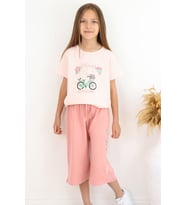 Breeze Kız Çocuk Kapri Takım Çiçek Ve Kuş Figürlü 5-10 Yaş, Pudra