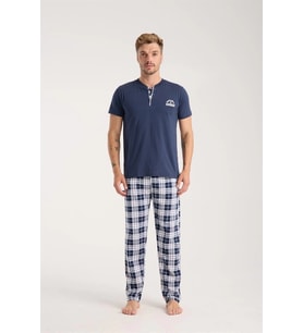 pilelistore- Erkek Lacivert Düğmeli Yaka Kısa Kol Pijama Takımı