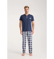 pilelistore- Erkek Lacivert Düğmeli Yaka Kısa Kol Pijama Takımı