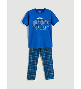 LCW DREAM Mavi Bisiklet Yaka Baskılı Erkek Çocuk Pijama Takımı
