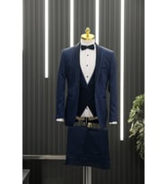 Regular Fit Armürlü Şal Yaka Yelekli Papyonlu Smokin Takım Elbise (Saks)