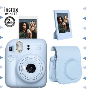 Instax mini 12 Mavi Fotoğraf Makinesi-Çerçeve ve Deri Kılıf Seti