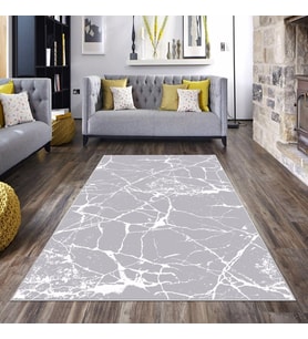 Gri Mermer Desenli Yıkanabilir Kaymaz Taban Leke Tutmaz Modern Salon Halısı ve Yolluk (Gri-Beyaz)