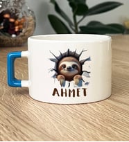 Kişiye Özel 3D Efektli Tembel Hayvan Hediye Lüks Fincan Arkadaşa Hediye (Mavi)