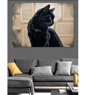 Eski Kitap Sayfaları Fonlu Siyah Kedi  Dekoratif Kanvas - Mdf Ahşap Tablo