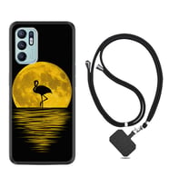 Oppo Reno 6 Kılıf Silikon Boyun Askılı İpli Desenli Silikon Ay ve Flamingo 1775