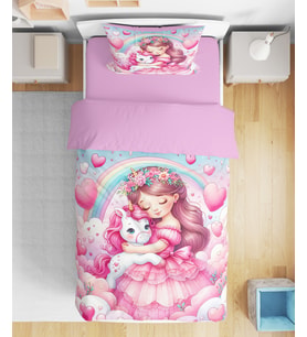 Prenses ve Unicorn 3D Dijital Baskılı Tek Kişilik Nevresim Takımı Kız Çocuk Nevresim Takımı (Pudra Pembe)