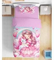 Prenses ve Unicorn 3D Dijital Baskılı Tek Kişilik Nevresim Takımı Kız Çocuk Nevresim Takımı (Pudra Pembe)