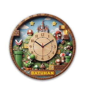 Kişiye Özel İsimli Mario Temalı Çocuk Odası Duvar Saati 35cm 2 Katmanlı MDF - Süper Kardeşler