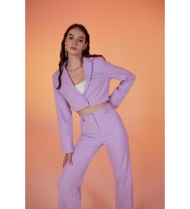 Vatkalı Atlas Kumaş Crop Model Panky Ceket Lila