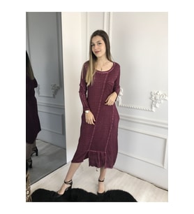 Kadın Kırmızı Uzun Kollu Antik Dokuma Müslin Elbise