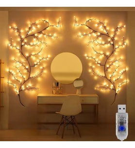 ShopyTech Dal Şeklinde LED Duvar Işığı 1.85m 96 LED Sıcak Beyaz USB Uzaktan Kumandalı Zamanlayıcılı