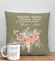 BK Gift Kişiye Özel İsimli Anneler Günü Tasarımlı Haki Kırlent Yastık ve Kupa Seti, Anneye Hediye, Ev Dekorasyonu, Anneler Günü Hediyesi-9