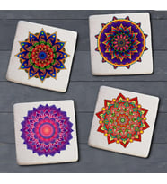 Mandala 4 Adet Doğal Taş Bardak Altlığı (Beyaz)