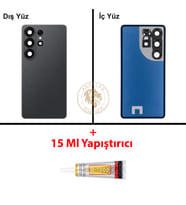 Samsung Galaxy S26 Ultra Siyah Renk Lensli Arka Kapak + B7000 Yapıştırıcı Arka Cam Batarya Kapağı Pil Kapağı Lazer Kesim Back Cover Galaxy S26 Ultra Uyumlu