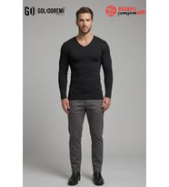 Yıldız Premium Erkek Siyah Pamuklu Likralı İnce V Yaka Uzun Kollu Body/Sweat T-Shirt