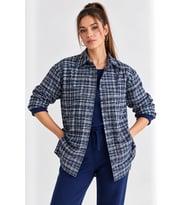 Kadın Oversize Oduncu Gömlek Ekose Desenli Cepli Uzun Kollu Ceket Gömlek - Ekru-Haki