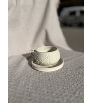 Tek Kişilik El Boyaması Papatya Desenli Seramik Kupa & Tabak Takımı (Sarı)