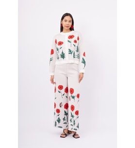 Peraluna POPPY CARDIGAN Gelincik Desenli Organik Pamuk Kadın Kısa Hırka - Ekru