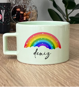 Kişiye Özel Gökkuşağı Baskılı Hediye Pastel Fincan -1- (Yeşil)