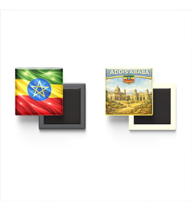 Buzdolap Magnetleri - Etiyopya Bayrağı ve Addis Ababa Retro Tema - 2'li Set Magneti
