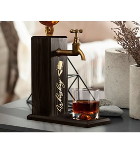 BK Gift Aynalı Altın Kabartma Musluklu Doğal Siyah(Ebony) Ahşap Viski Standı, Home Bar, İçecek Dispenseri, Ahşap İçecek Çeşmesi-4