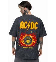 AC DC Highway To Hell Rock Metal Müzik Grubu Sırt Baskılı Unisex Oversize Eskitme Yıkamalı Tişört